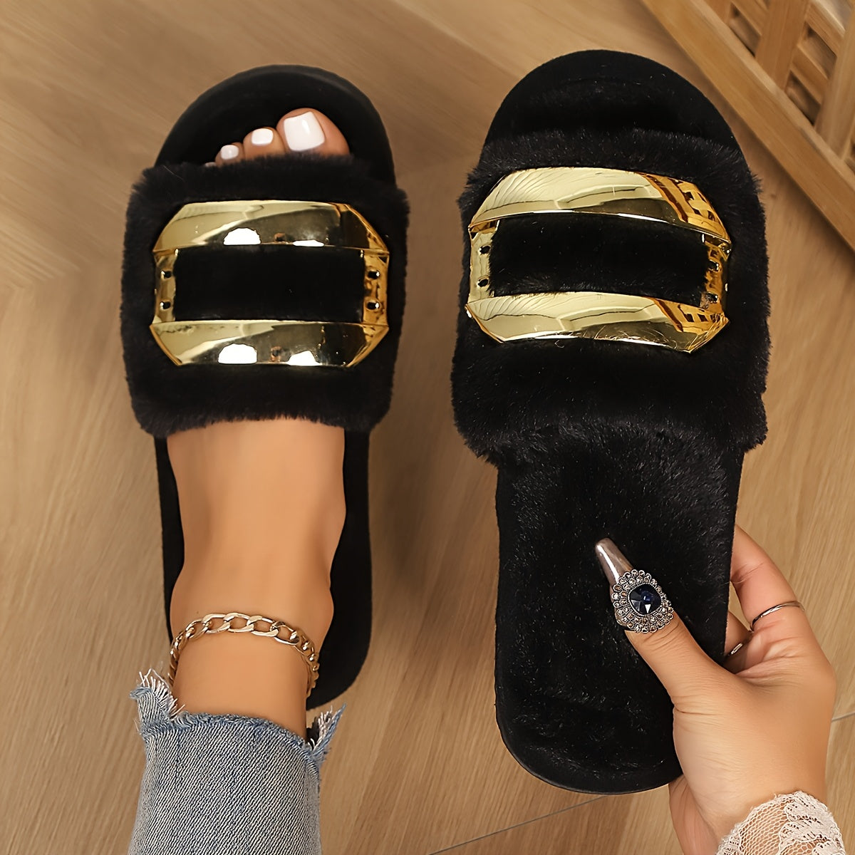 Women'S Black Faux Fur Slippers with Golden Buckle Detail - Soft, Flat Sole, Comfortable Indoor House Shoes for Spring, Summer, and Fall, Seasonal Fashion, Home Slippers